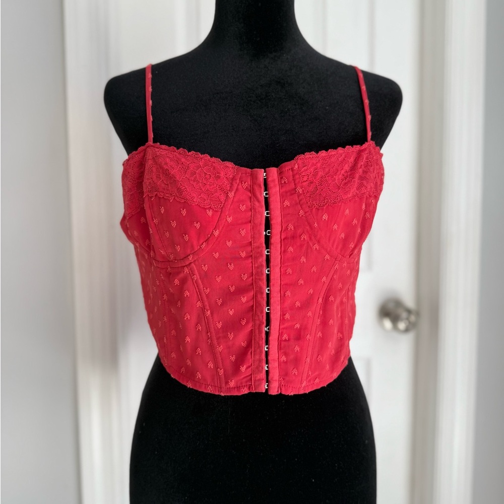 Y2K La Hearts Red corset Camisole with Lace Trim and laced up back.